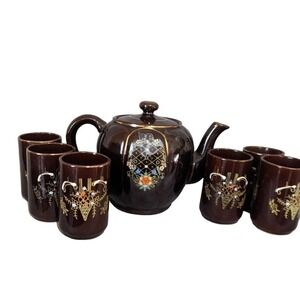 Vintage Made in Japan Brown Ceramic Floral Teapot and 6 Cup Tea Set Gold‎ Trim